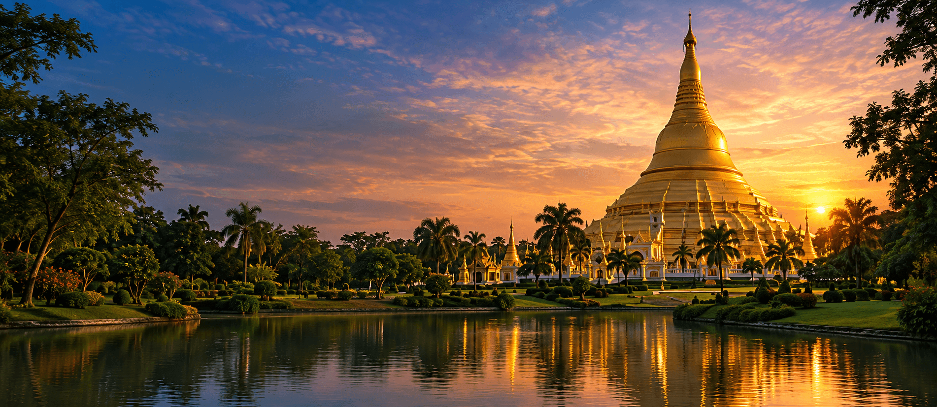 Illustrative view of a golden pagoda and gardens at sunset